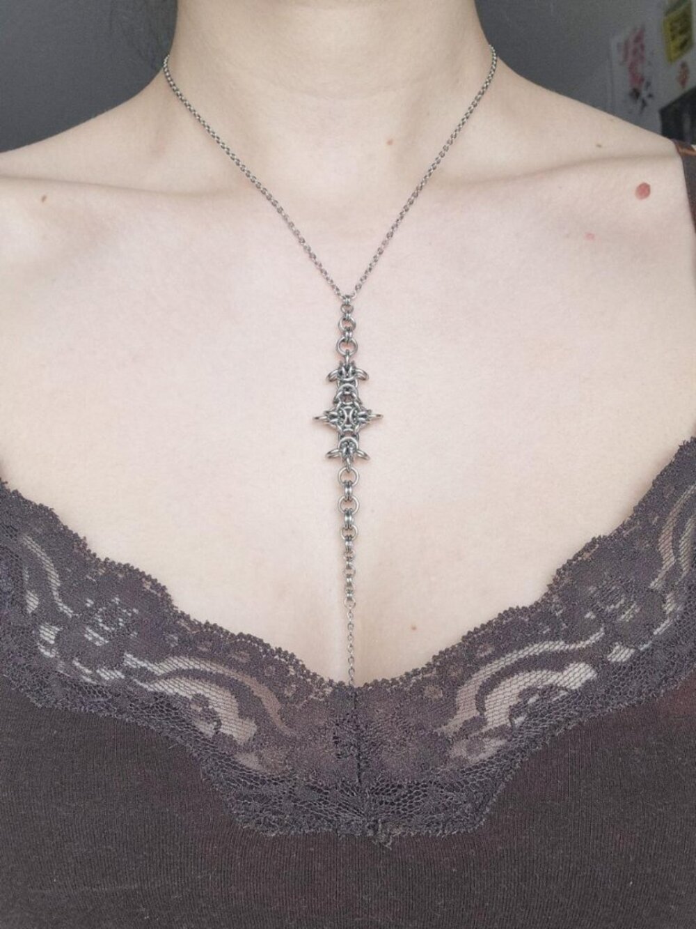 Gothic long silver rosary necklace ✦ Unique long medieval chainmaille necklace ✦ - Picture 8 of 9